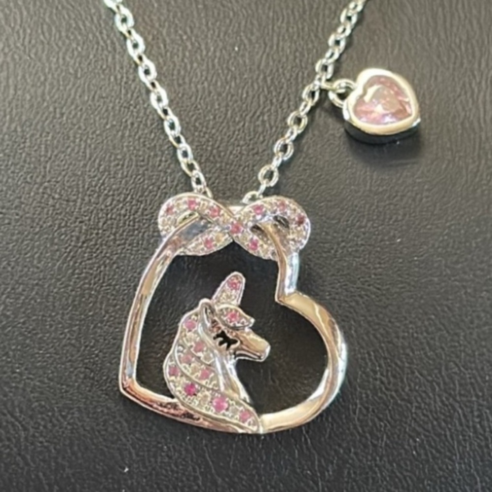 18K White GP Heart & Unicorn Necklace Pink CZ Crystals with Gift Box
